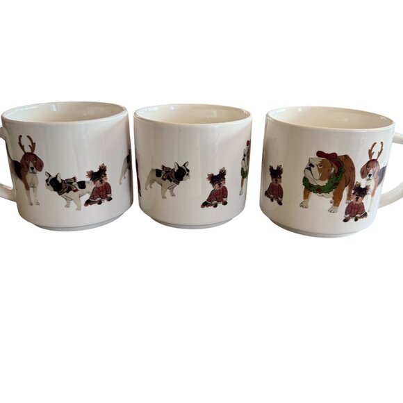 Pottery Barn Festive Dog Mugs X3 12oz - Picture 1 of 7